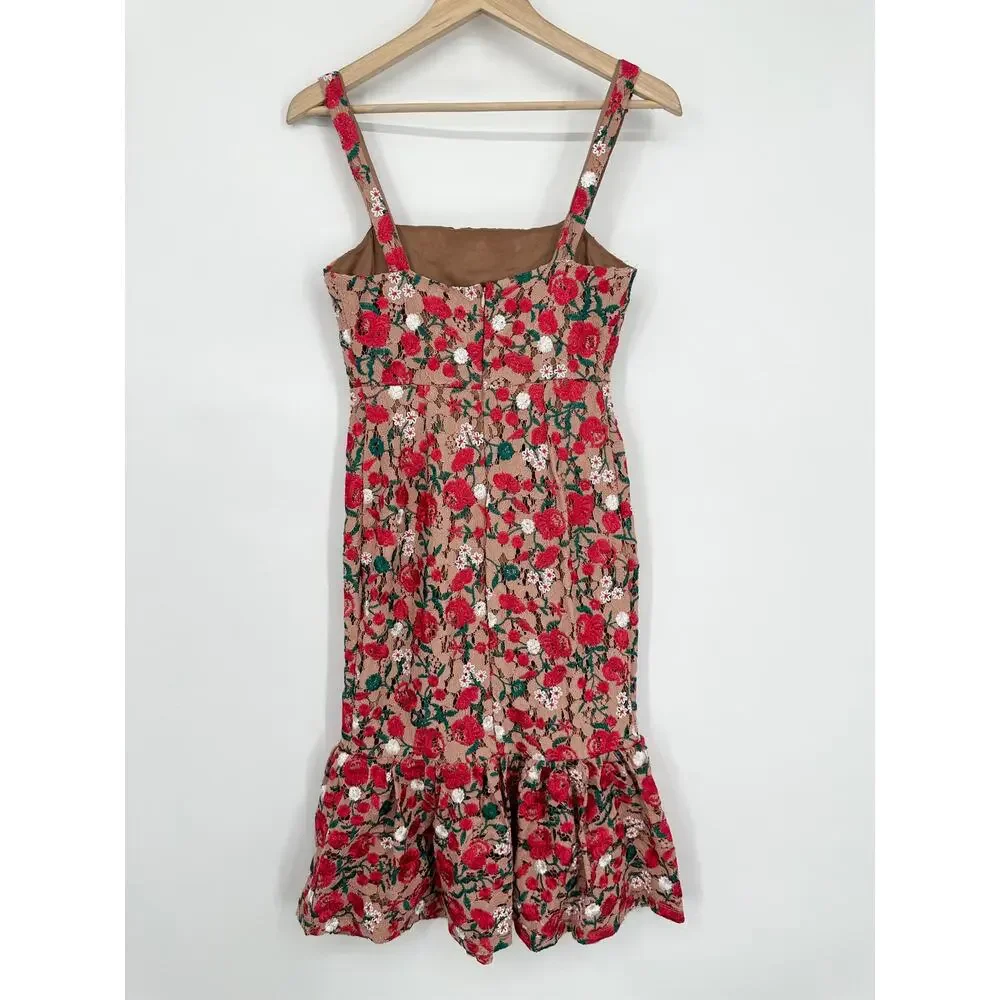 Lovers + Friends Under the Stars Midi Dress Floral Lace Ruffle Cottagecore Nude - Picture 8 of 15